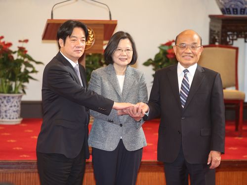 Outgoing Premier Lai Ching-te, President Tsai Ing-wen and Premier-designate Su Tseng-chang.