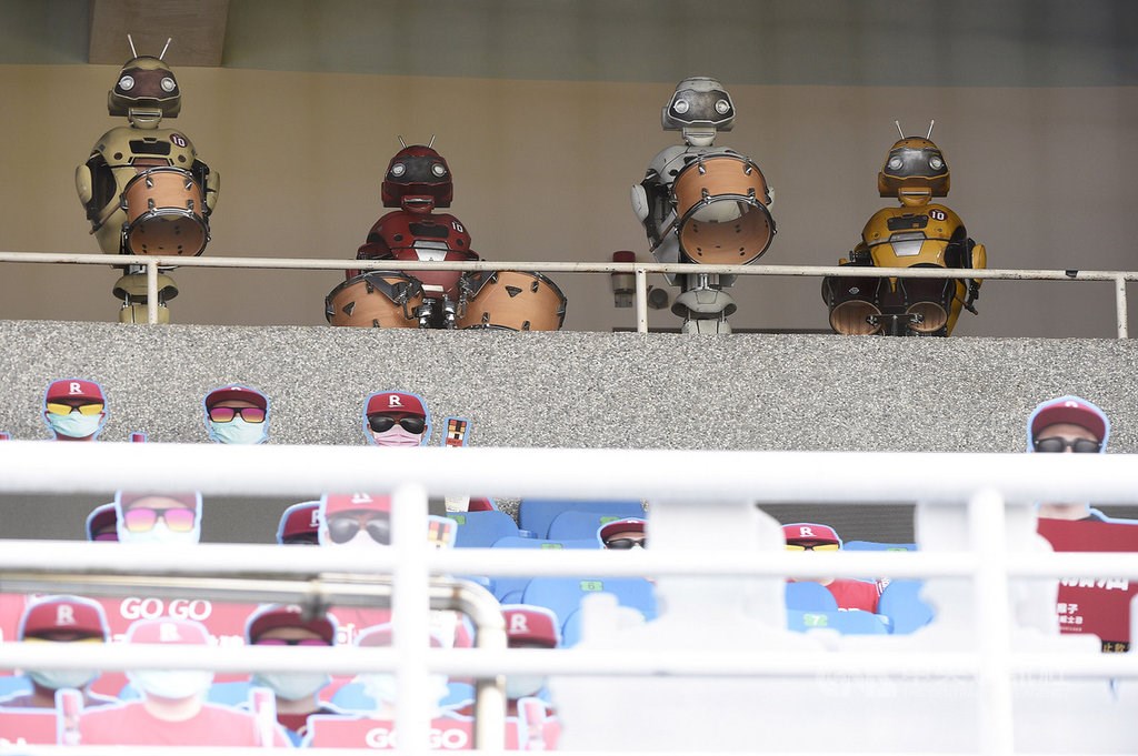 Robots and signboards that will be used to imitate fans at the CPBL