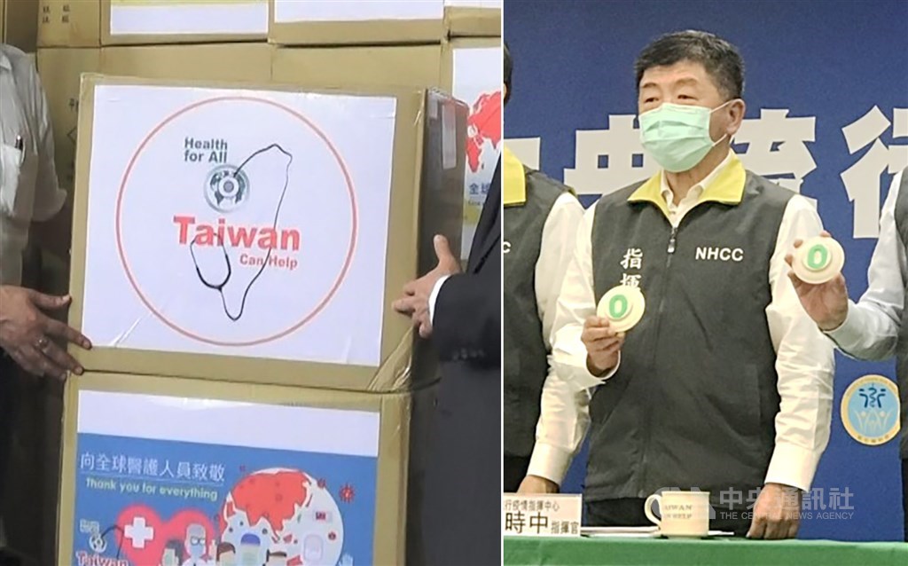 "Taiwan Can Help" labels (left) and Health Minister Chen Shih-chung / CNA file photos