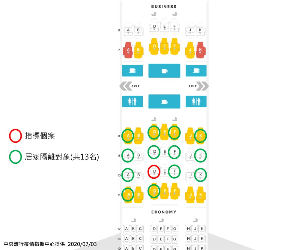 Seating map of the 13 passengers who sat near the latest confirmed patient / Image courtesy of the Central Epidemic Command Center