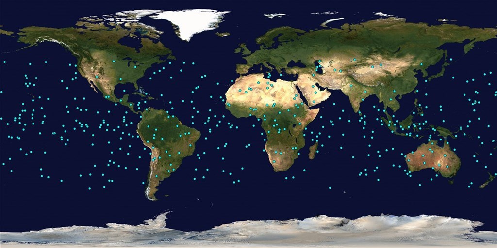 A two-dimensional imagery pinpointing the locations to which the constellation of six satellites belonging to FormoSat-7 is capable of providing data to when orbiting in the ±50-degrees latitude. Photo courtesy of NARLabs.