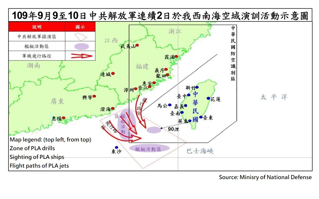 Image courtesy of the Ministry of National Defense about the PLA movements southwest of Taiwan Sept. 9-10