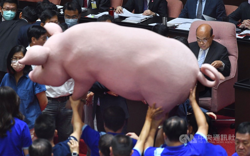 KMT lawmakers parade a pig model in front of Premier Su Tseng-chang (corner right, sitting) and the Cabinet. CNA photo Sept. 18, 2020