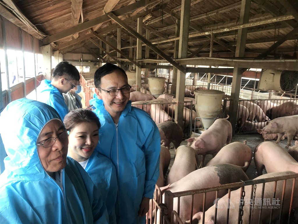 Former KMT Chairman Eric Chu (right) visits a pig farm in Yunlin County to show his support for local farmers Friday. CNA photo Sept. 25, 2020