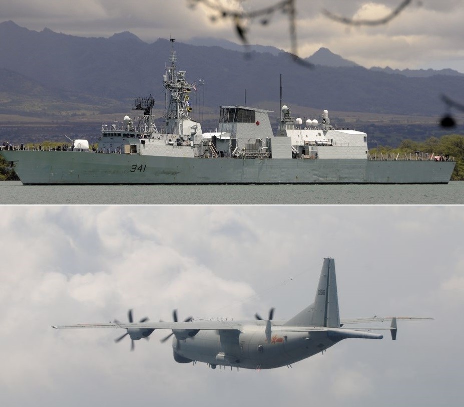Above picture shows the HMCS Ottawa, which was observed sailing into the Taiwan Strait last year (image taken from Wikimedia) / (Bottom picture) A Chinese Shaanxi Y-8 anti-submarine aircraft spotted on Saturday. Photo courtesy of the MND
