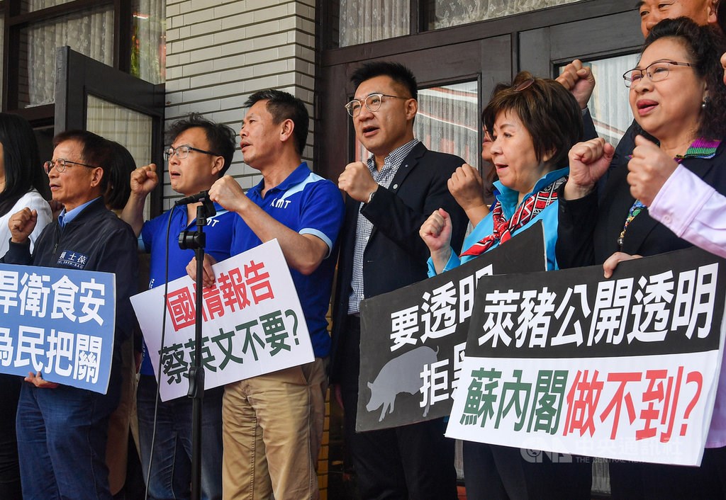 Members of the KMT, including Chairman Johnny Chiang (fourth from left), protest the decision in front of the Legislative Yuan. CNA photo Oct. 27, 2020