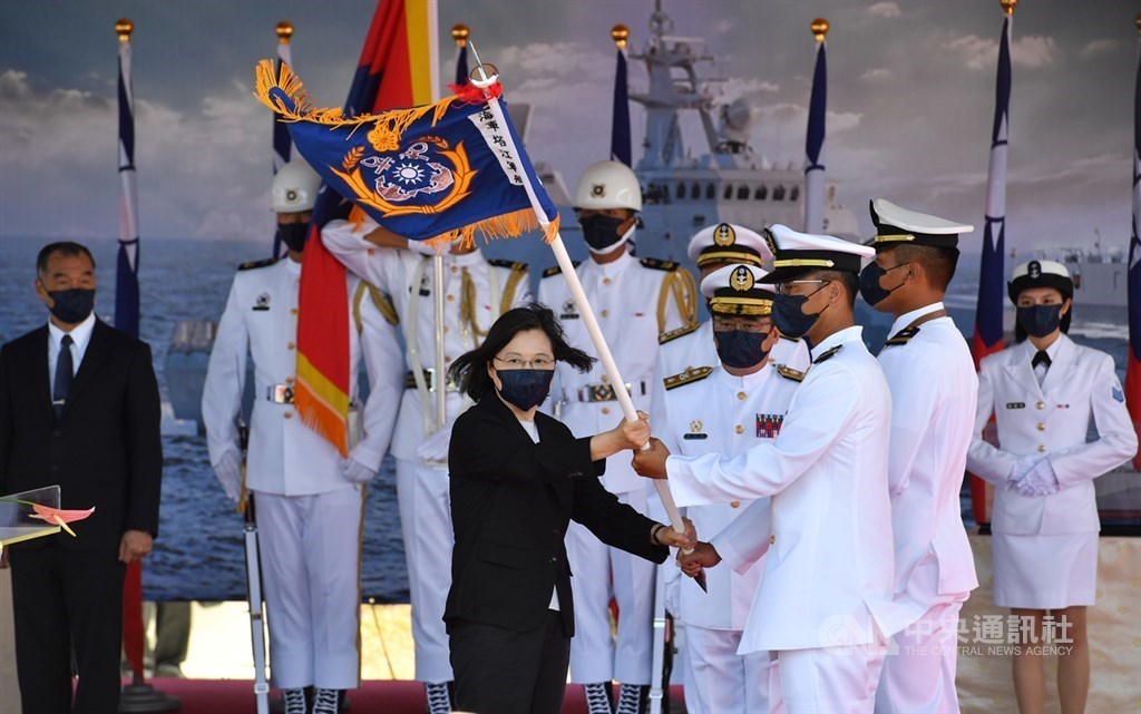 President Tsai Ing-wen (front, center) at the launch ceremony of the missile corvette. CNA photo Sept. 9, 2021