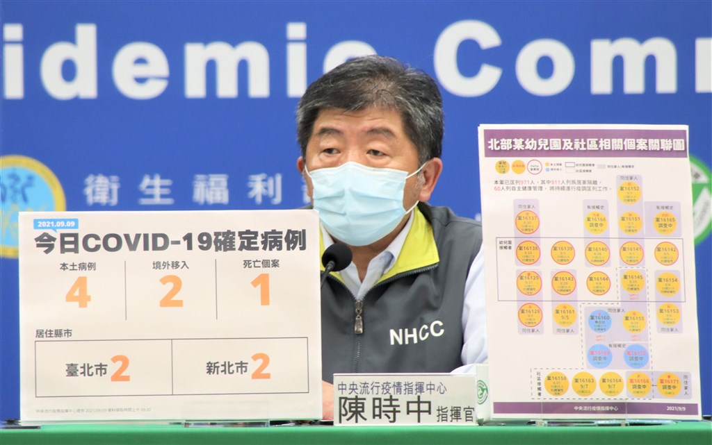 Health Minister Chen Shih-chung shows a chart displaying patients listed in the cluster. Photo courtesy of the CECC