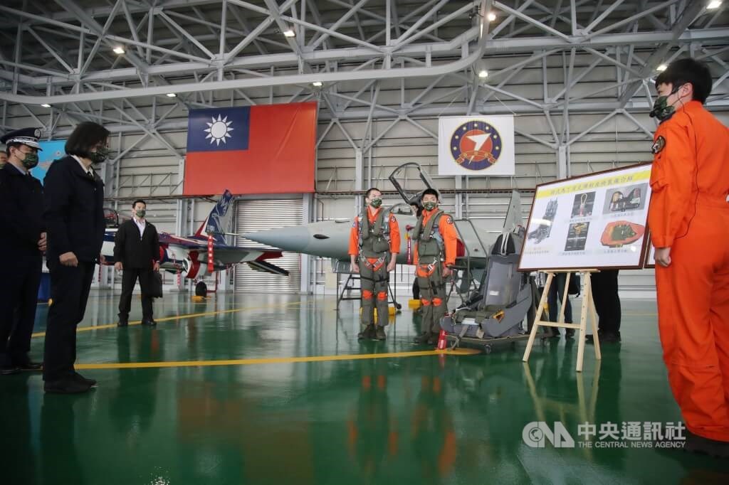 The Martin-Baker Mk 16 ejection seat displayed in a hangar. CNA photo Jan. 21, 2022