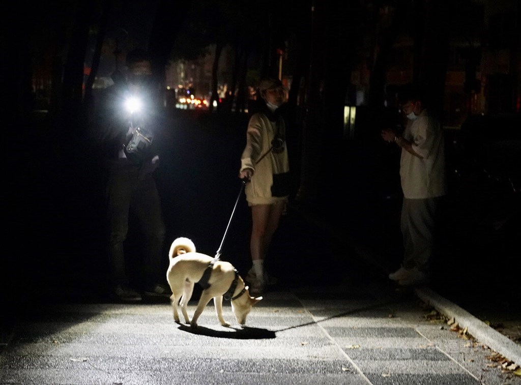 A resident in Kaohsiung walks her dog with someone lighting the way with a mobile phone. CNA photo March 3, 2022