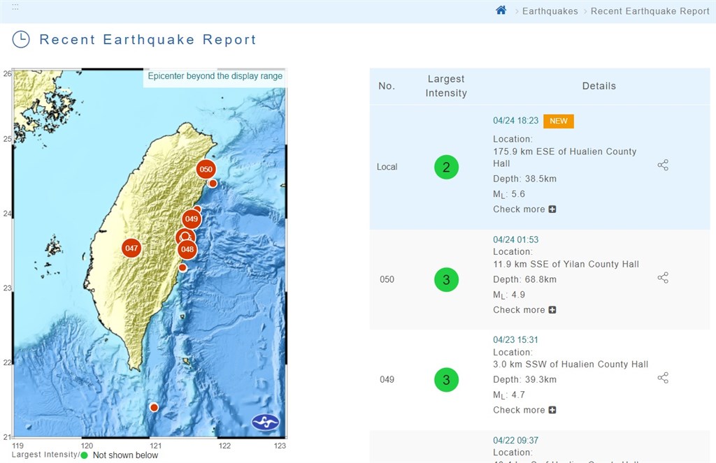 An earthquake of magnitude 5.6 was felt in the Pacific Ocean in eastern Taiwan