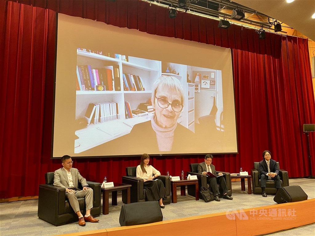 2022 Tang Prize winner in Rule of Law Cheryl Saunders (on screen) speaks via a video link at a session of the 2022 Tang Prize Forum series held in Taipei on Monday. CNA poto Sept. 19, 2022