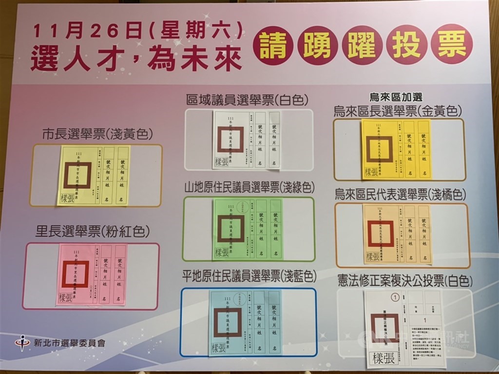 Sample ballots in different colors are displayed by the New Taipei Election Commission on Monday to help voters understand the ballots they will cast in Saturday