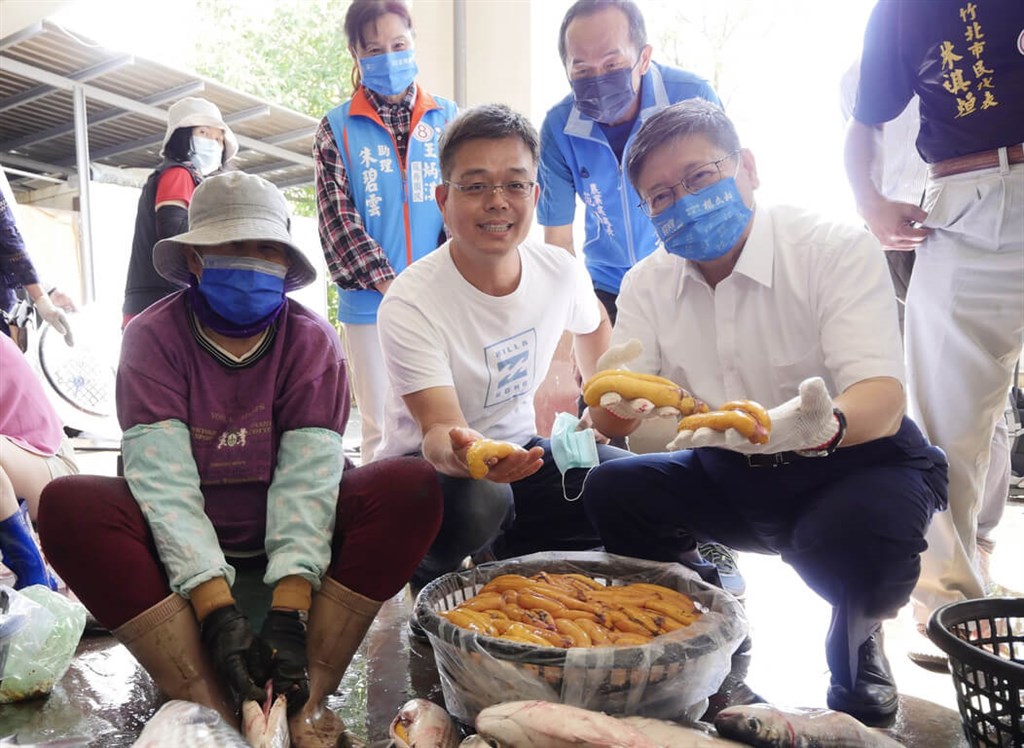 Hsinchu County Magistrate Yang Wen-ke (楊文科, first right in front row), who is seeking reelection under KMT flag, holds fish roe pouches to be salted and cured during a visit to a local producer of the food item in the county on Wednesday. Photo courtesy of Yang