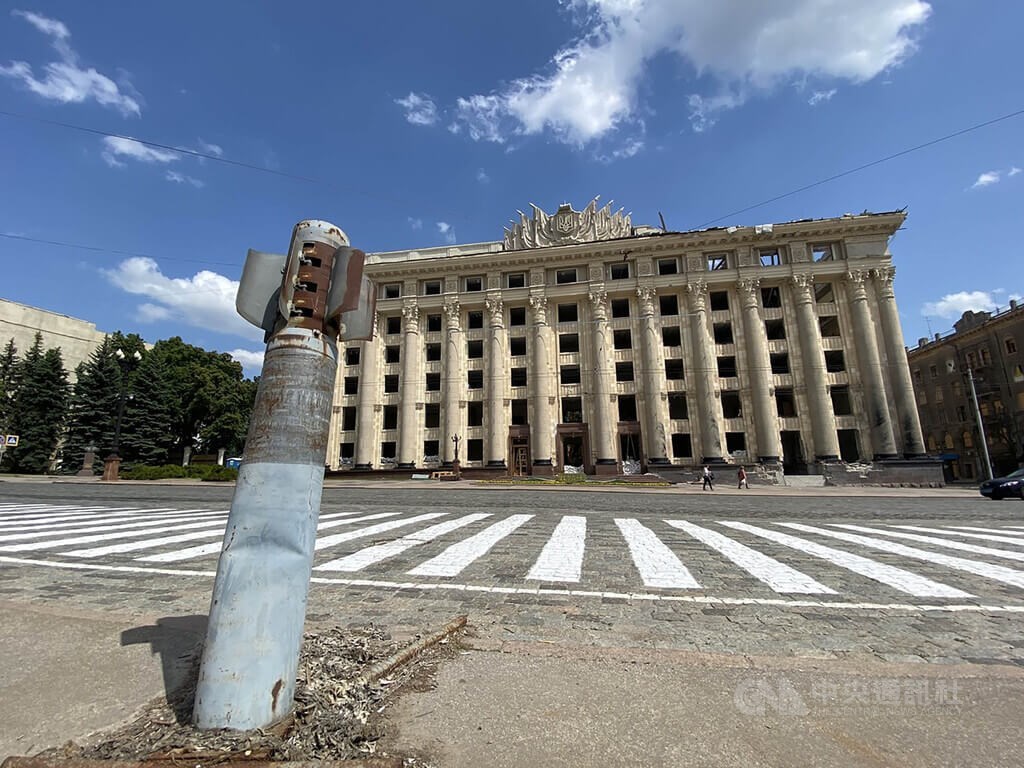 An unexploded missile is seen on a road in the Ukrainian city of Kharkiv on June 2, nearly 100 days after Russia launched an invasion of Ukraine on Feb. 24.