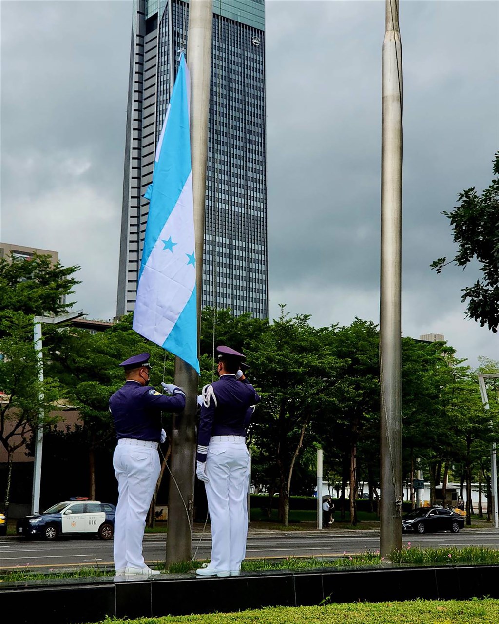A flag raising ceremony is held in front of Taipei City Hall on Sept. 1, 2022 by the Honduran embassy in Taiwan to mark the Central American country