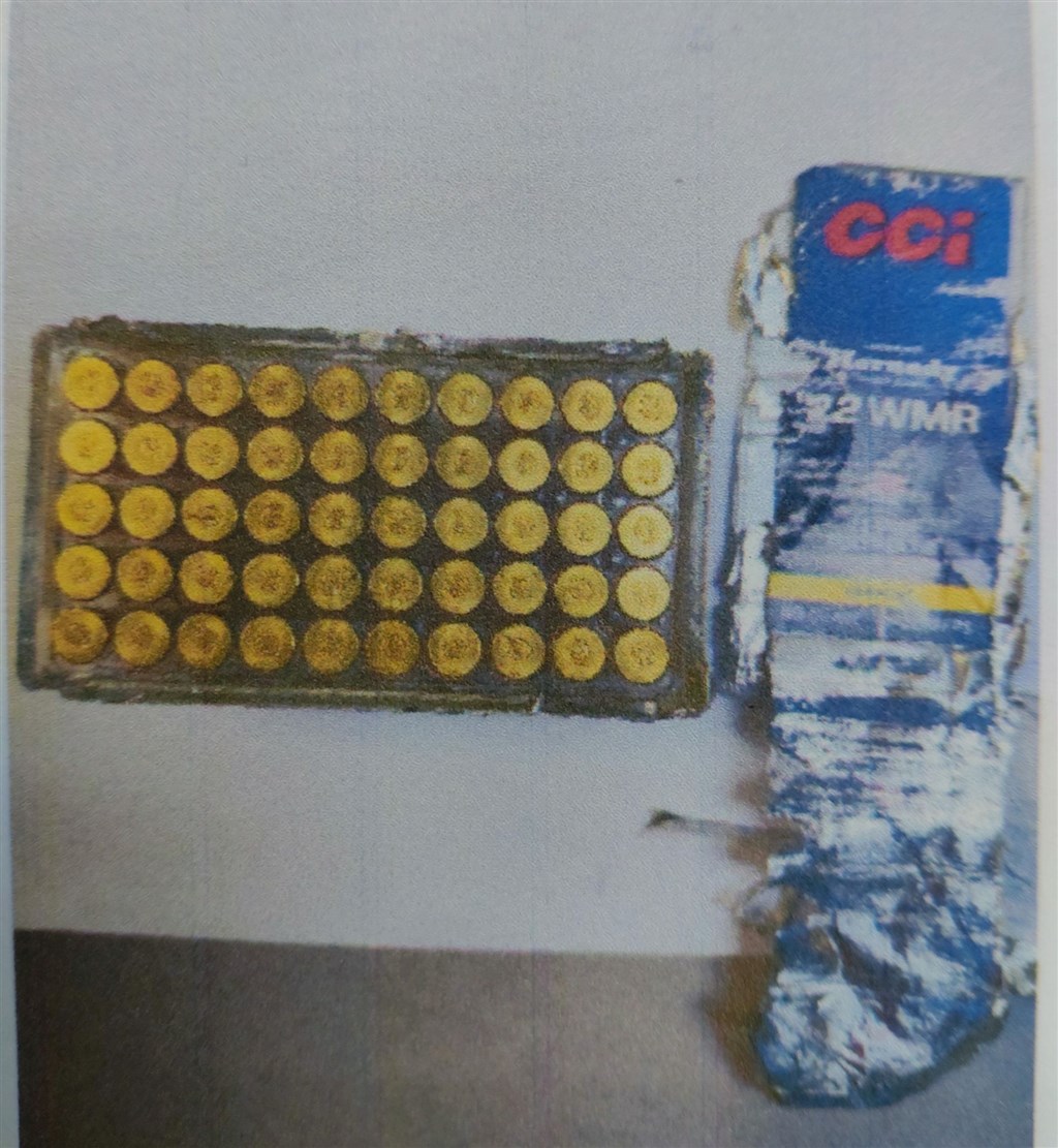 The bullets found in the checked luggage of the American transit passenger are displayed in this police photo.