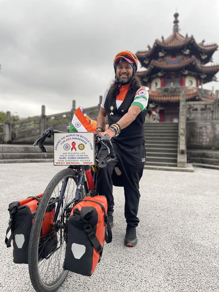 Indian campaigner Somen Debnath is pictured with his bicycle during his visit to in Taipei. CNA photo Feb. 6, 2023