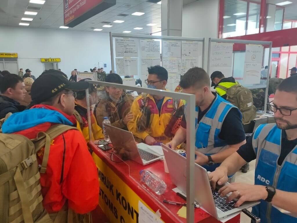 Members of a Taiwanese search and rescue team check in at a United Nations-run disaster response center in Adana, Turkey. Photo courtesy of National Fire Agency Feb. 7, 2023.