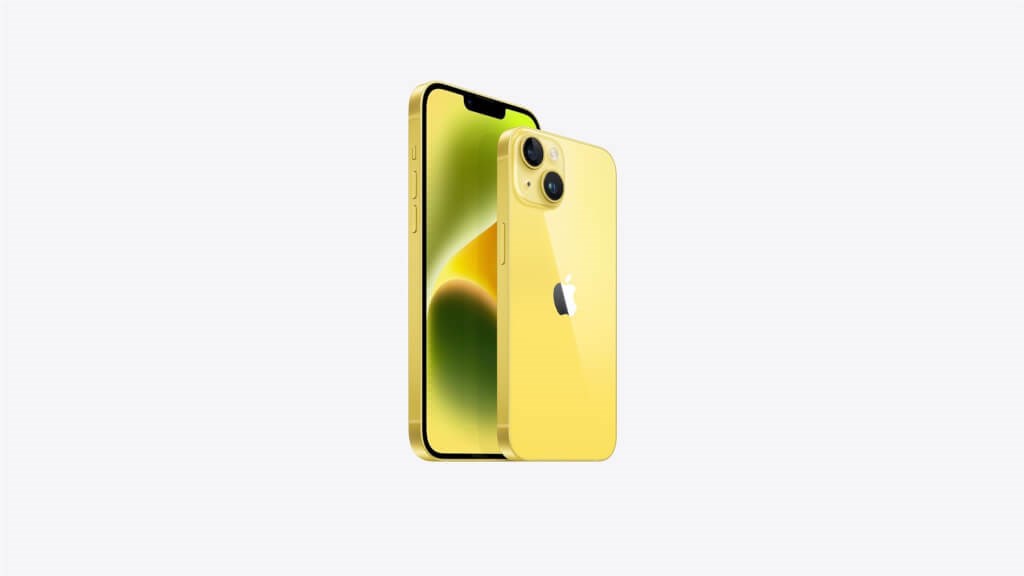 Yellow iPhone 14 and iPhone 14 Plus. Image from apple.com.