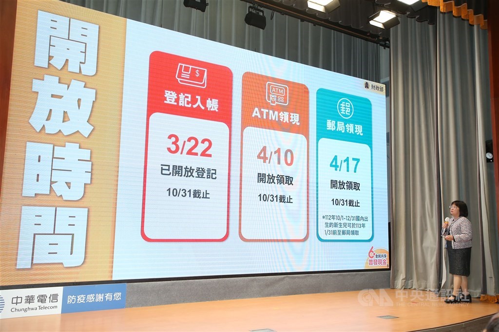A National Treasury Administration official explains the three options people eligible for a one-time NT$6,000 cash handout from the government at a news conference in Taipei on Monday. CNA photo March 27, 2023