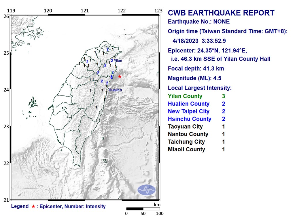 A 4.5-magnitude earthquake hits northeastern Taiwan