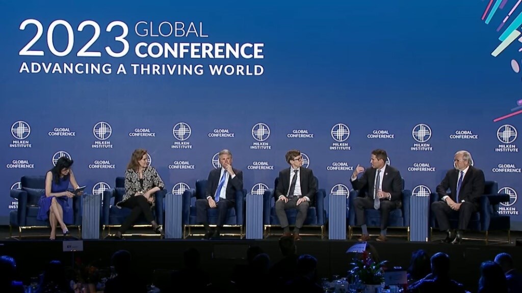 U.S. Representative Seth Moulton (second right) and other invited speakers present their keynote speech in the recently held 2023 Global Conference in California. Screenshot of the event taken from Milken Institute