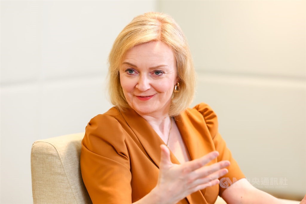 Former British Prime Minister Liz Truss is pictured during an interview with CNA in Taipei Wednesday. CNA photo May 17, 2023