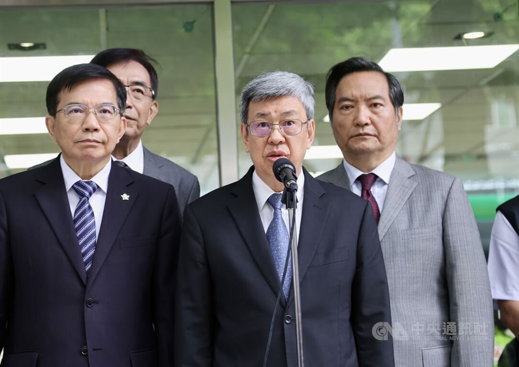 Premier Chen Chien-jen (center) is seen making comments in this file photo taken in Taipei. CNA photo May 9, 2023