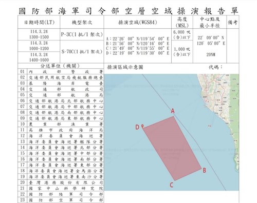 Upcoming drills in waters off Pingtung 