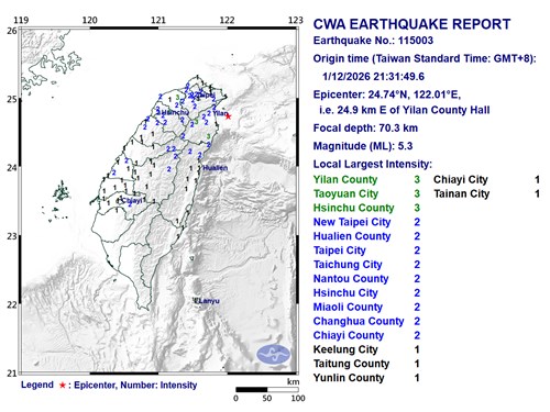 Magnitude 5.3 earthquake jolts northeastern Taiwan