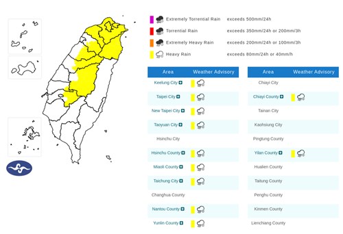 Heavy rain advisories issued for northern Taiwan
