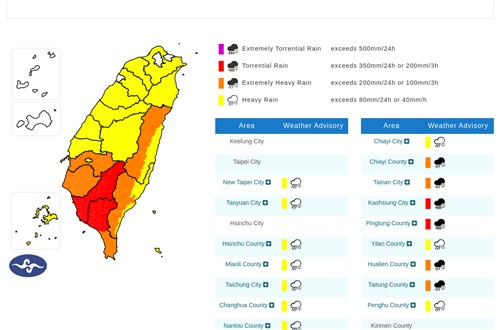 Heavy rain lashes southern Taiwan, landslide alerts issued