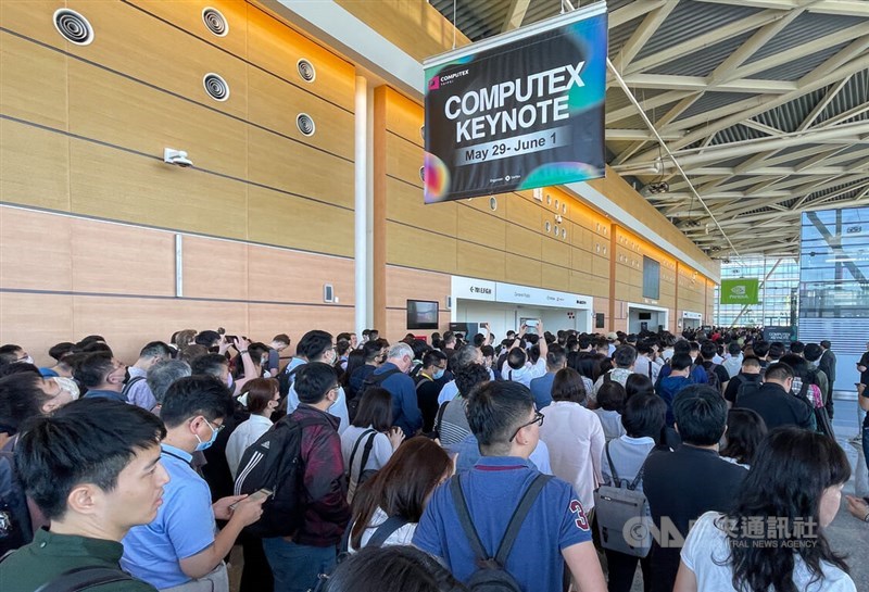 Attendees flood in to attend a keynote speech delivered by Nvidia founder and CEO Jensen Huang during his at Computex 2023 in Taipei on Monday. CNA photo May 29, 2023