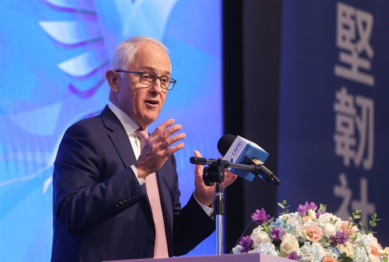Former Australian Prime Minister Malcolm Turnbull delivers a keynote speech during a forum in Taipei Monday. CNA photo May 29, 2023