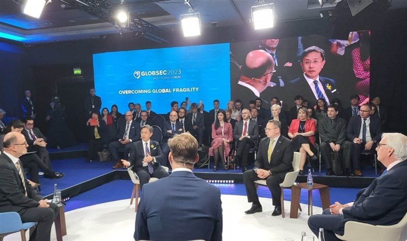 Deputy Foreign Minister Roy Lee (sitting, center left) speaks at a panel during the 18th Bratislava Forum in Slovakia on May 30, 2023. Photo courtesy of Ministry of Foreign Affairs
