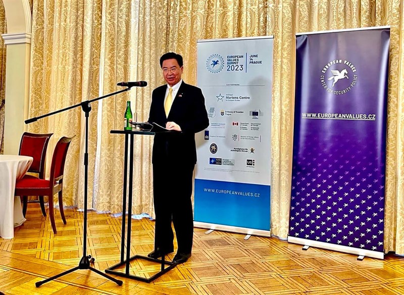 Foreign Minister Joseph Wu delivers a speech at the European Values Summit in Prague Wednesday. Photo courtesy of Ministry of Affairs June 14, 2023