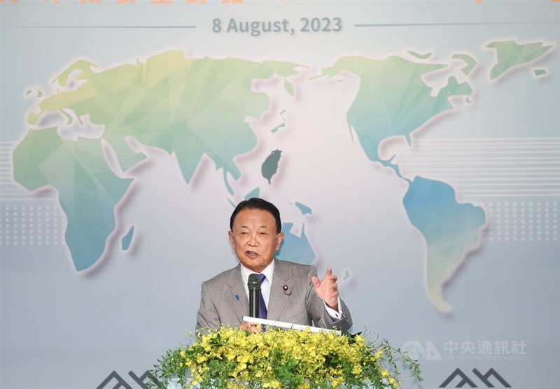 Former Japanese Prime Minister Taro Aso delivers a keynote speech at a security forum in Taipei on Tuesday. CNA photo Aug. 8, 2023