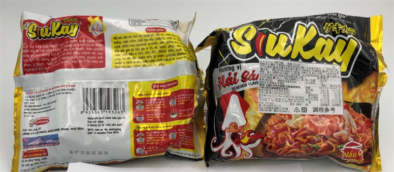 Two samples of the "Hot Seafood Flavor Noodle," made by Cong ty Co phan Acebook Viet Nam that are stopped by the border are displayed in this photo taken from FDA