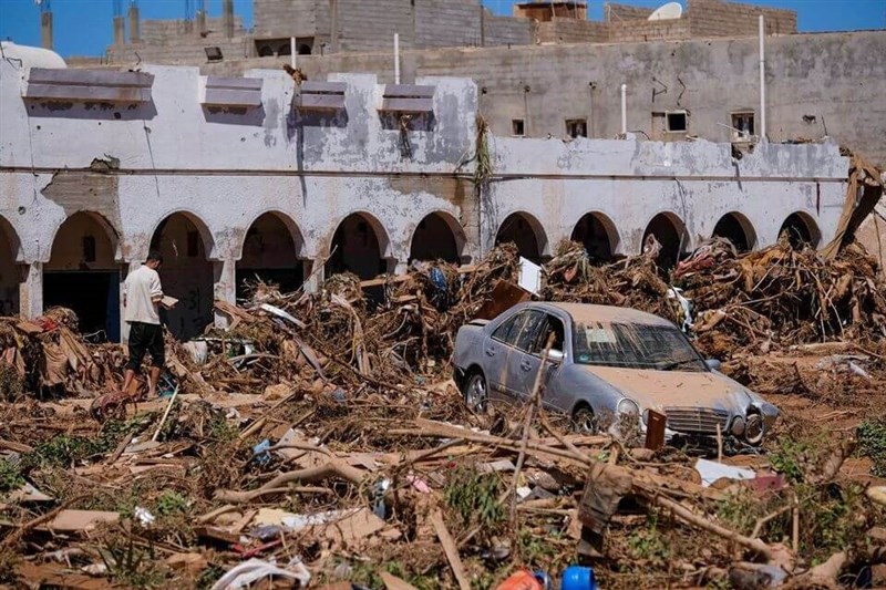 A view shows a damaged car, following a powerful storm and heavy rainfall hitting the country, in Derna, Libya Sept. 13, 2023. Photo: Reuters/Esam Omran Al-Fetori
