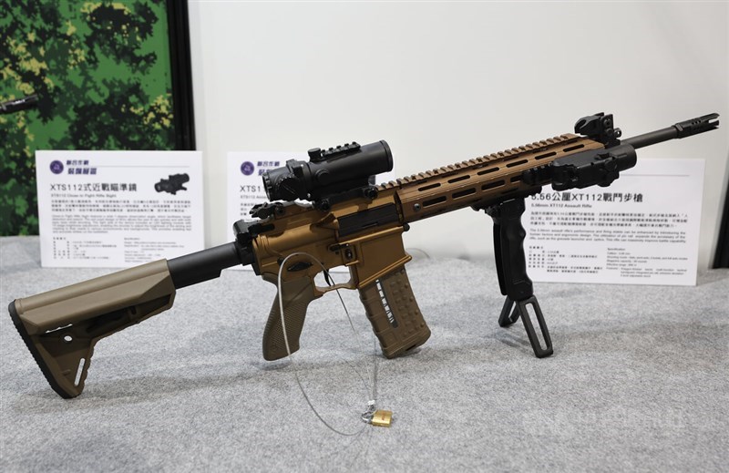 The XT112 rifle is displayed during a press preview of the defense expo in Taipei Wednesday. CNA photo Sept. 13, 2023