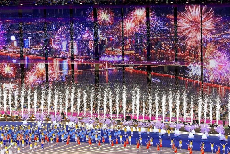 A digital fireworks display is shown during the Asian Games ceremony in Hangzhou, China, on Saturday. Photo: Kyodo News Sept. 23, 2023