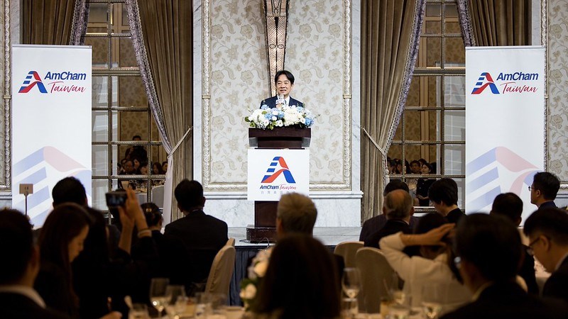 Democratic Progressive Party presidential candidate Lai Ching-te speaks at the American Chamber of Commerce luncheon in Taipei Tuesday. Photo courtesy of Office of the President Oct. 17, 2023