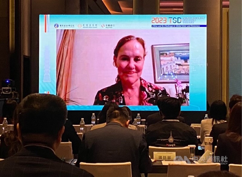 Michèle Flournoy, former under secretary of defense for policy under President Barack Obama, speaks virtually at the 2023 Taipei Security Dialogue on Wednesday. CNA photo Nov. 8, 2023