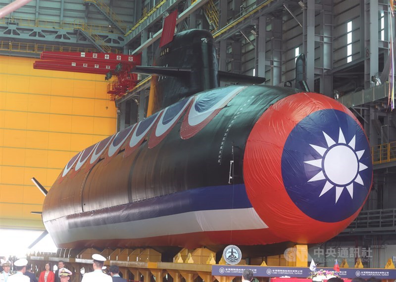The Narwhal, Taiwan's first indigenous defense submarine, is displayed on a platform at its launch ceremony in Kaohsiung. CNA photo Sept. 28, 2023