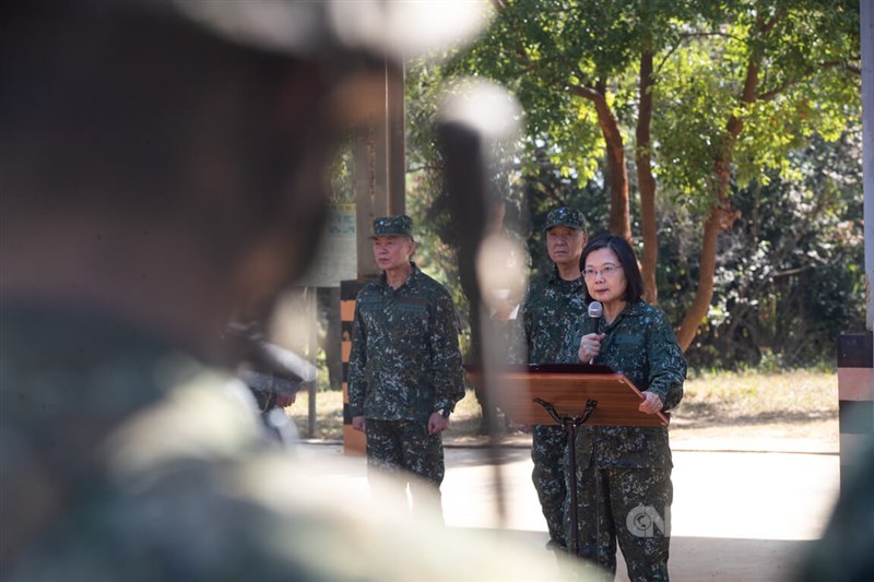 President Tsai Ing-wen gives a speech during her visit to the Cheng Kung Lin base in Taichung Thursday. CNA photo Nov. 23, 2023
