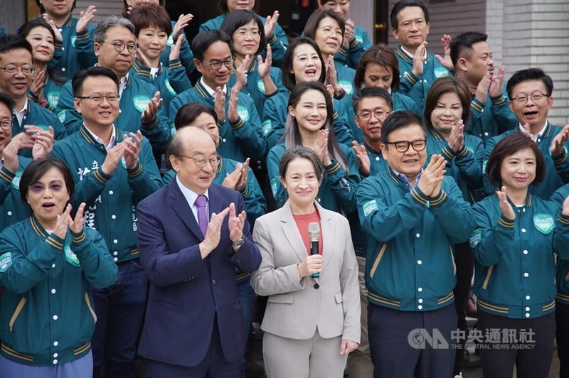 DPP vice presidential candidate Hsiao Bi-khim (front center) poses withe the ruling party's lawmakers at the Legislative Yuan in Taipei Friday. CNA photo Nov. 24, 2023