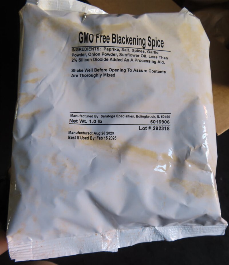 A packet of TGIF Blackening Spice GMO Free 20/1 LB (D). Photo courtesy of FDA