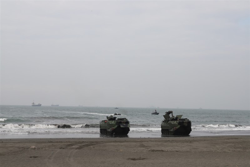 Two AAV-7 amphibious landing vehicles make to Sizhiwan beach in Kaohsiung Thursday. Photo courtesy of a local contributor Nov. 30, 2023