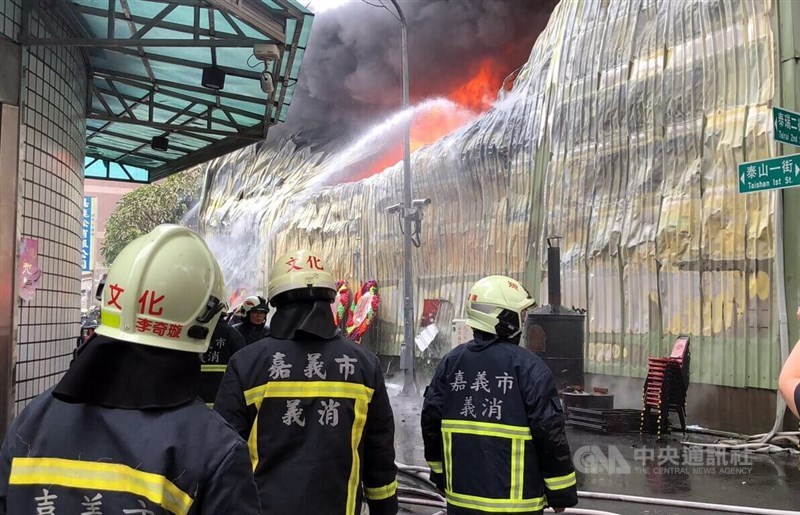 Firefighters in Chiayi City try to put out fire at a warehouse of a factory on Oct. 29, 2023. CNA file photo